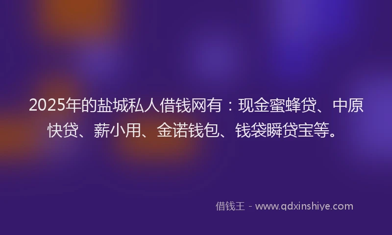2025年的盐城私人借钱网有：现金蜜蜂贷、中原快贷、薪小用、金诺钱包、钱袋瞬贷宝等。