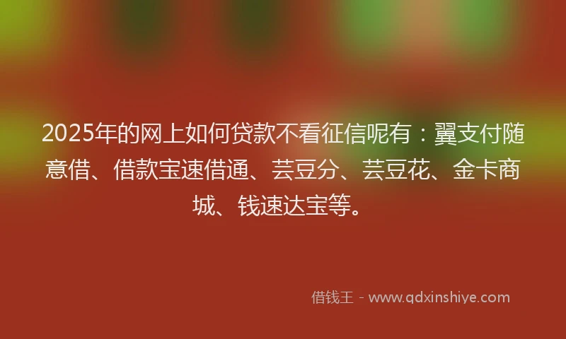 2025年的网上如何贷款不看征信呢有：翼支付随意借、借款宝速借通、芸豆分、芸豆花、金卡商城、钱速达宝等。