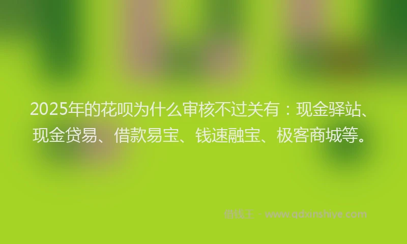 2025年的花呗为什么审核不过关有：现金驿站、现金贷易、借款易宝、钱速融宝、极客商城等。