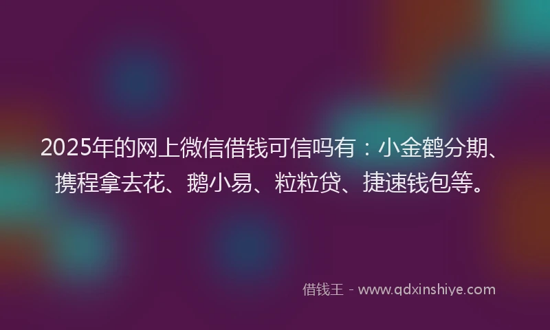 2025年的网上微信借钱可信吗有：小金鹤分期、携程拿去花、鹅小易、粒粒贷、捷速钱包等。