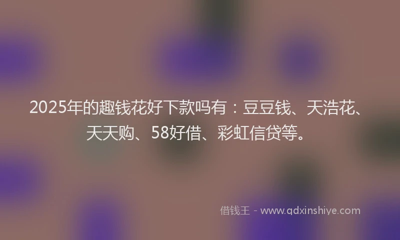 2025年的趣钱花好下款吗有：豆豆钱、天浩花、天天购、58好借、彩虹信贷等。