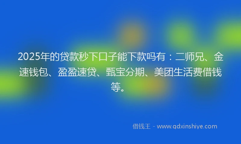 2025年的贷款秒下口子能下款吗有：二师兄、金速钱包、盈盈速贷、甄宝分期、美团生活费借钱等。