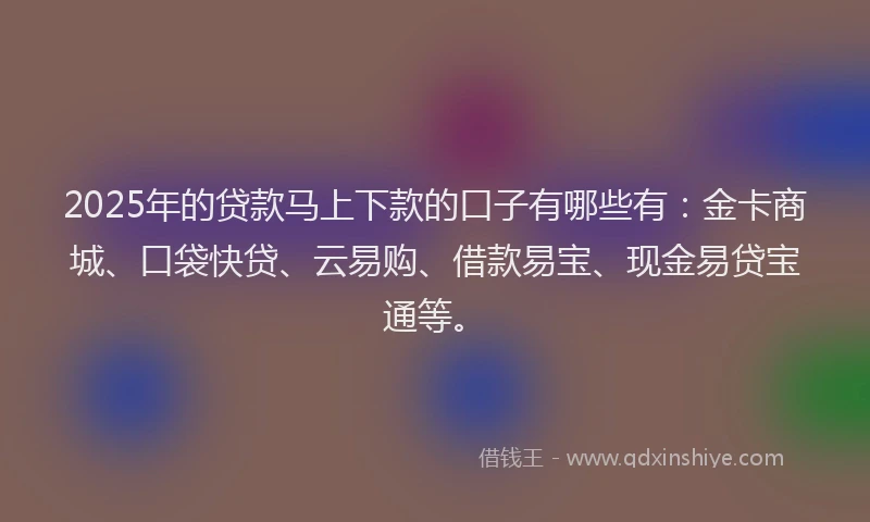 2025年的贷款马上下款的口子有哪些有：金卡商城、口袋快贷、云易购、借款易宝、现金易贷宝通等。