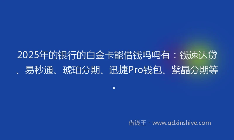 2025年的银行的白金卡能借钱吗吗有：钱速达贷、易秒通、琥珀分期、迅捷Pro钱包、紫晶分期等。