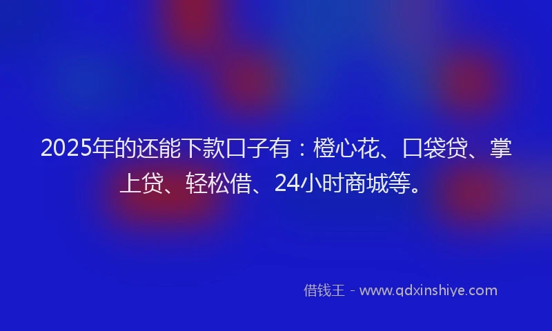 2025年的还能下款口子有：橙心花、口袋贷、掌上贷、轻松借、24小时商城等。