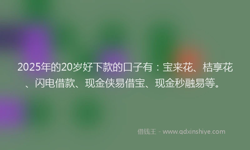 2025年的20岁好下款的口子有：宝来花、桔享花、闪电借款、现金侠易借宝、现金秒融易等。