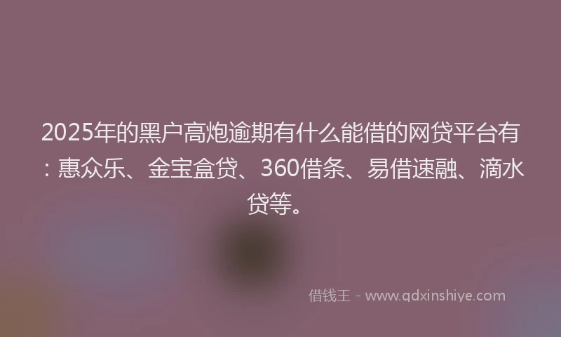 2025年的黑户高炮逾期有什么能借的网贷平台有：惠众乐、金宝盒贷、360借条、易借速融、滴水贷等。