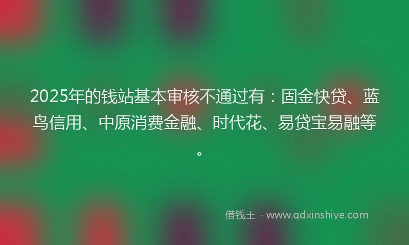 2025年的钱站基本审核不通过有：固金快贷、蓝鸟信用、中原消费金融、时代花、易贷宝易融等。