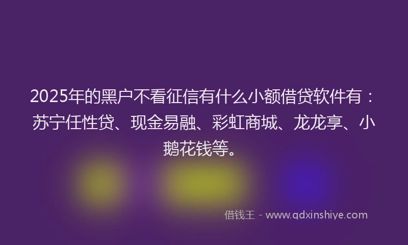 2025年的黑户不看征信有什么小额借贷软件有：苏宁任性贷、现金易融、彩虹商城、龙龙享、小鹅花钱等。