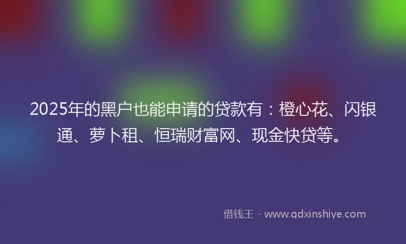 2025年的黑户也能申请的贷款有：橙心花、闪银通、萝卜租、恒瑞财富网、现金快贷等。