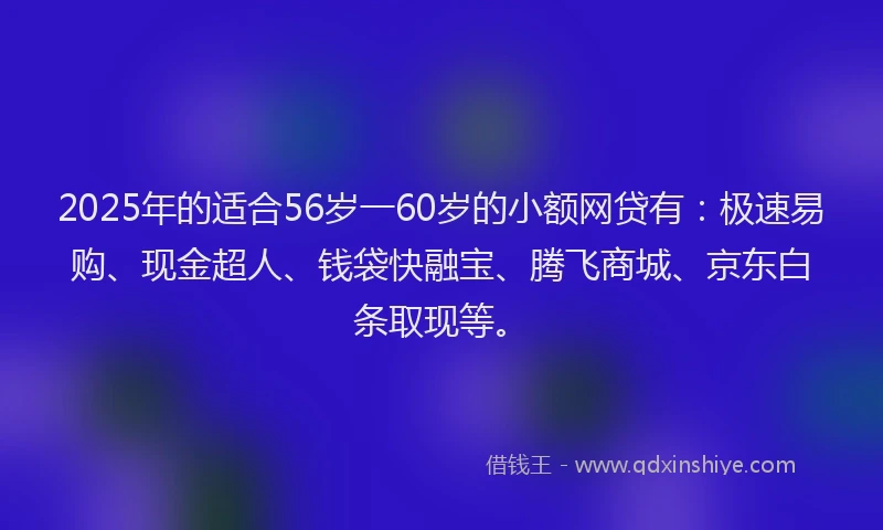2025年的适合56岁一60岁的小额网贷有：极速易购、现金超人、钱袋快融宝、腾飞商城、京东白条取现等。