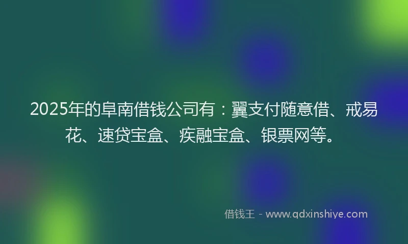 2025年的阜南借钱公司有：翼支付随意借、戒易花、速贷宝盒、疾融宝盒、银票网等。