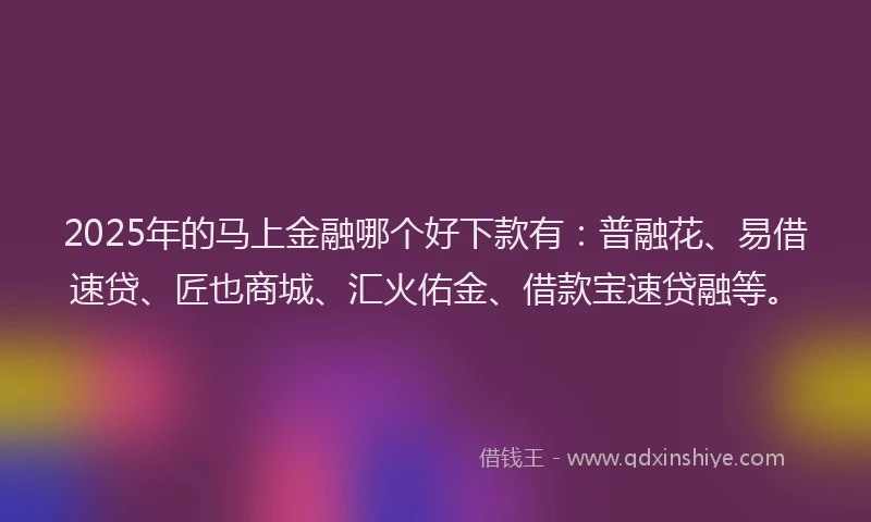 2025年的马上金融哪个好下款有：普融花、易借速贷、匠也商城、汇火佑金、借款宝速贷融等。