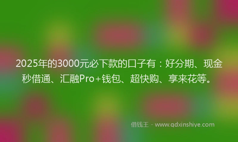 2025年的3000元必下款的口子有：好分期、现金秒借通、汇融Pro+钱包、超快购、享来花等。
