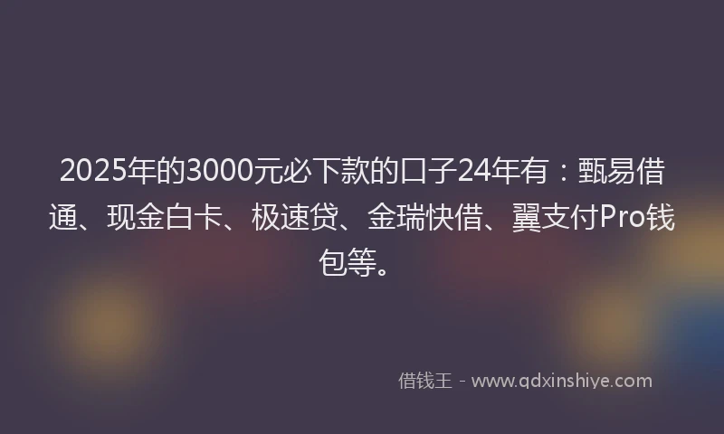 2025年的3000元必下款的口子24年有：甄易借通、现金白卡、极速贷、金瑞快借、翼支付Pro钱包等。