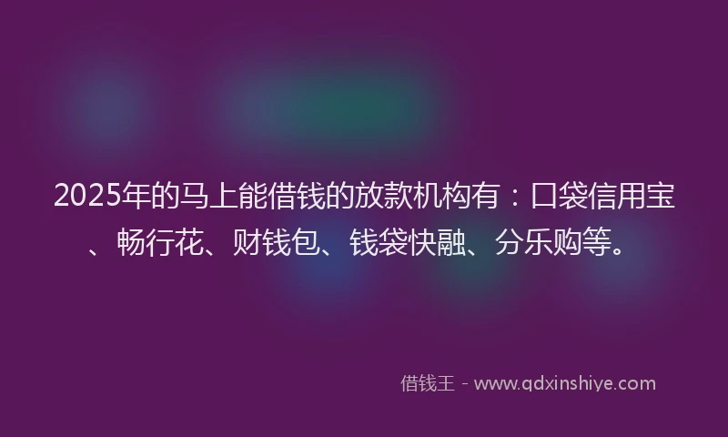 2025年的马上能借钱的放款机构有：口袋信用宝、畅行花、财钱包、钱袋快融、分乐购等。