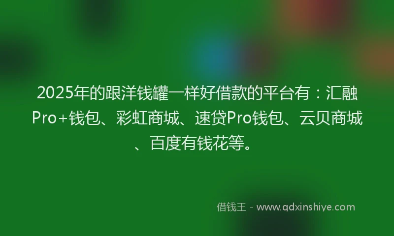 2025年的跟洋钱罐一样好借款的平台有：汇融Pro+钱包、彩虹商城、速贷Pro钱包、云贝商城、百度有钱花等。