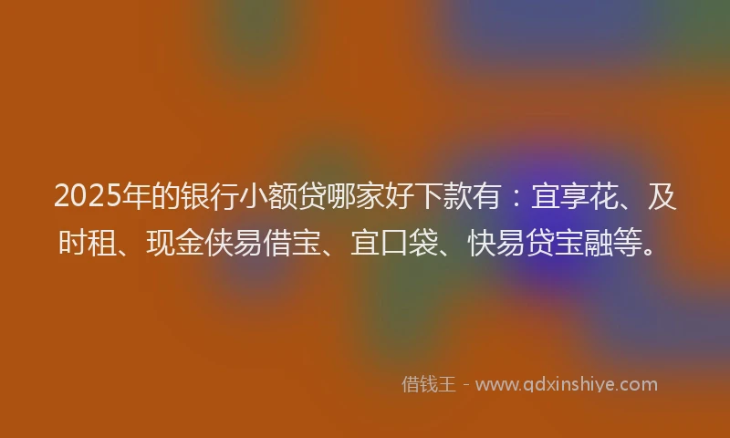 2025年的银行小额贷哪家好下款有：宜享花、及时租、现金侠易借宝、宜口袋、快易贷宝融等。