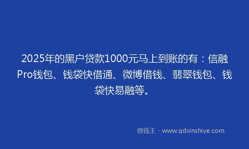 2025年的黑户贷款1000元马上到账的有：信融Pro钱包、钱袋快借通、微博借钱、翡翠钱包、钱袋快易融等。