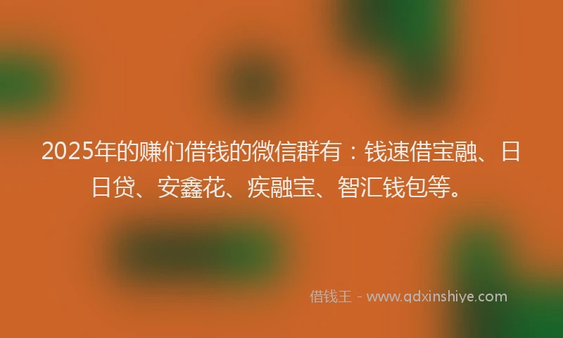 2025年的赚们借钱的微信群有：钱速借宝融、日日贷、安鑫花、疾融宝、智汇钱包等。