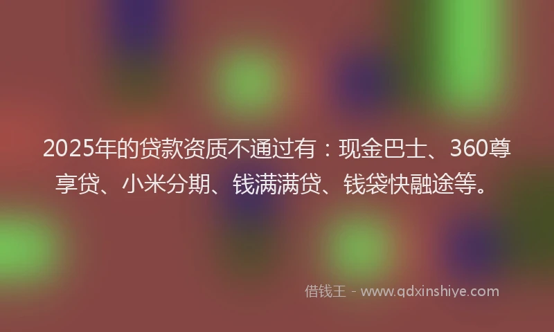 2025年的贷款资质不通过有：现金巴士、360尊享贷、小米分期、钱满满贷、钱袋快融途等。