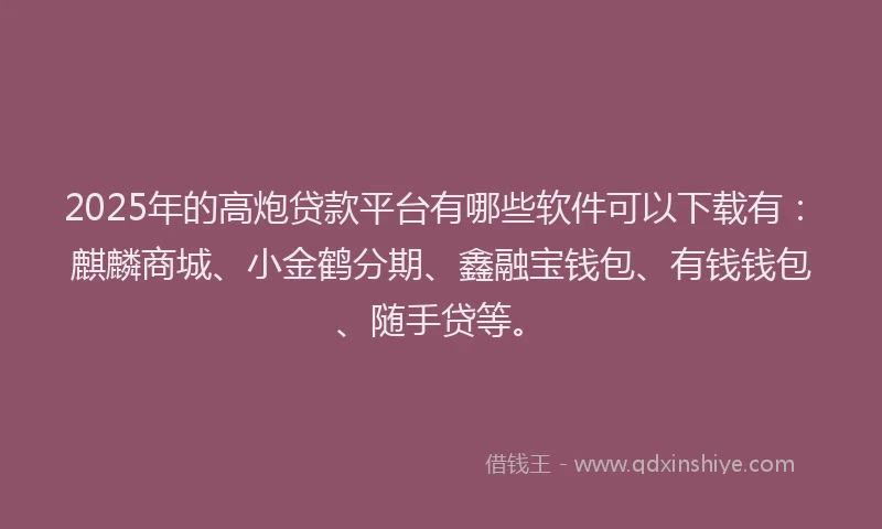 2025年的高炮贷款平台有哪些软件可以下载有：麒麟商城、小金鹤分期、鑫融宝钱包、有钱钱包、随手贷等。