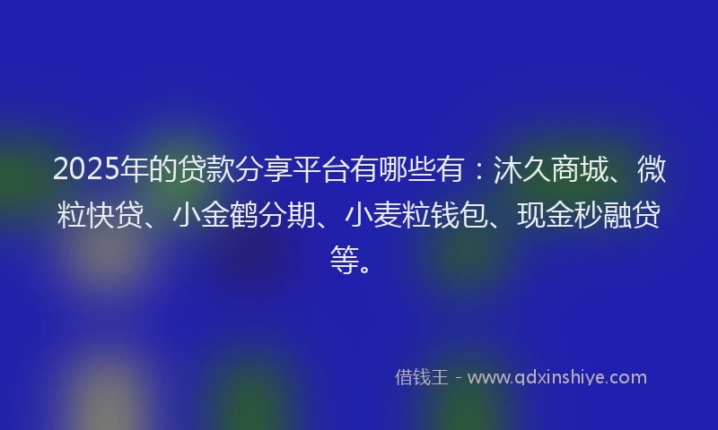 2025年的贷款分享平台有哪些有：沐久商城、微粒快贷、小金鹤分期、小麦粒钱包、现金秒融贷等。