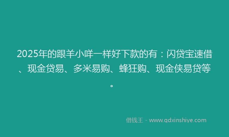 2025年的跟羊小咩一样好下款的有：闪贷宝速借、现金贷易、多米易购、蜂狂购、现金侠易贷等。