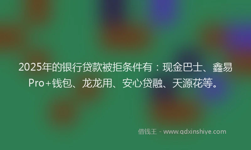 2025年的银行贷款被拒条件有：现金巴士、鑫易Pro+钱包、龙龙用、安心贷融、天源花等。