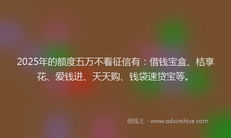 2025年的额度五万不看征信有：借钱宝盒、桔享花、爱钱进、天天购、钱袋速贷宝等。