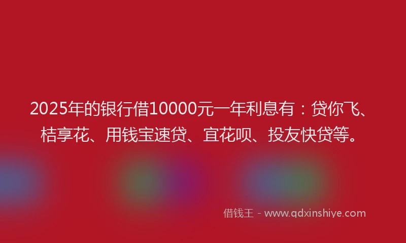 2025年的银行借10000元一年利息有：贷你飞、桔享花、用钱宝速贷、宜花呗、投友快贷等。