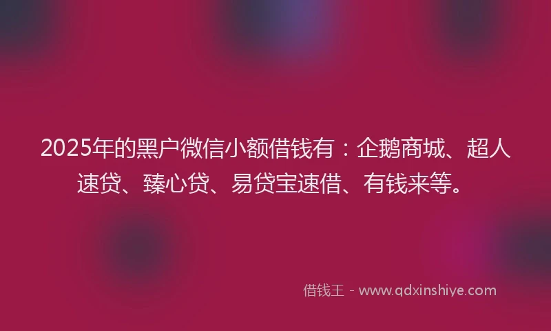 2025年的黑户微信小额借钱有：企鹅商城、超人速贷、臻心贷、易贷宝速借、有钱来等。