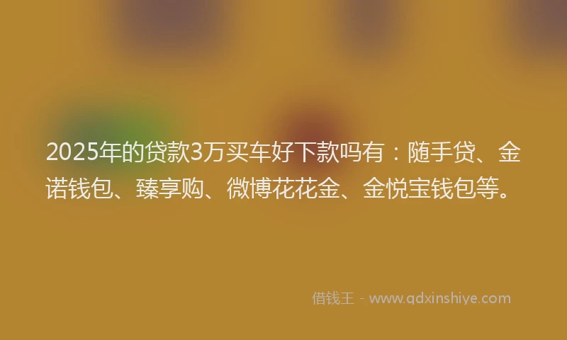 2025年的贷款3万买车好下款吗有：随手贷、金诺钱包、臻享购、微博花花金、金悦宝钱包等。