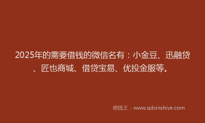 2025年的需要借钱的微信名有：小金豆、迅融贷、匠也商城、借贷宝易、优投金服等。