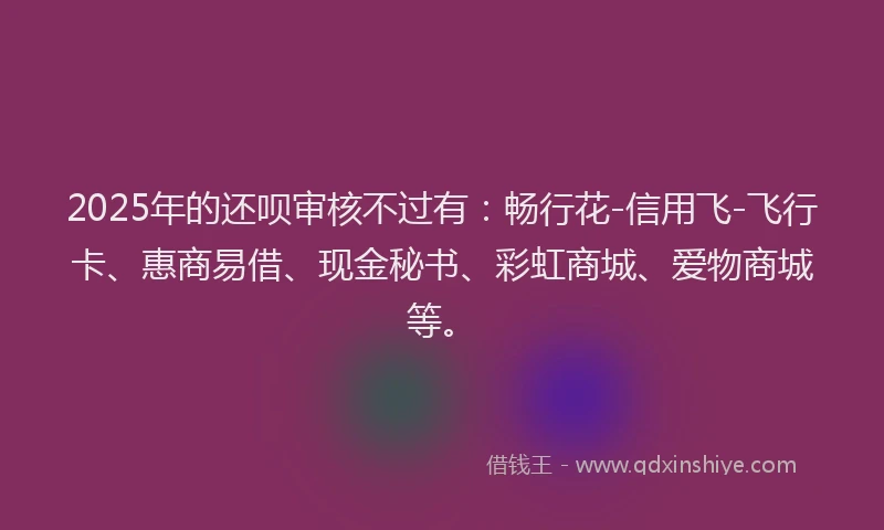 2025年的还呗审核不过有：畅行花-信用飞-飞行卡、惠商易借、现金秘书、彩虹商城、爱物商城等。