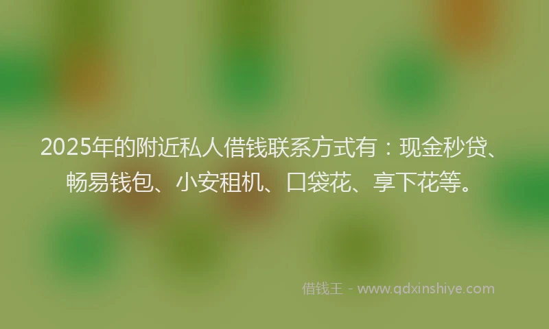 2025年的附近私人借钱联系方式有：现金秒贷、畅易钱包、小安租机、口袋花、享下花等。