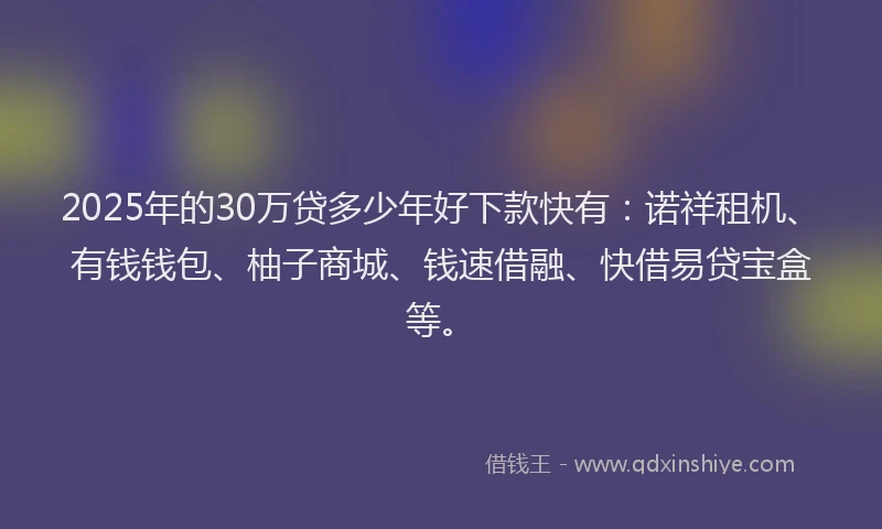 2025年的30万贷多少年好下款快有：诺祥租机、有钱钱包、柚子商城、钱速借融、快借易贷宝盒等。