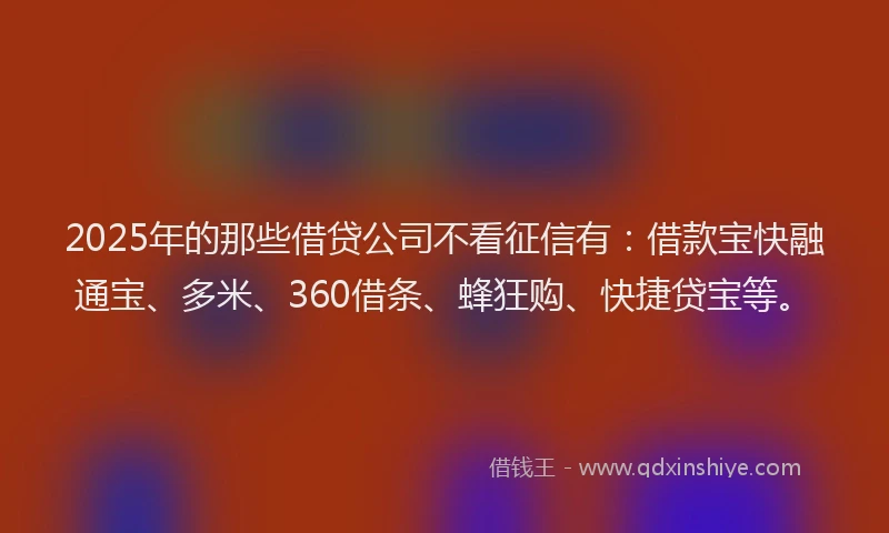 2025年的那些借贷公司不看征信有：借款宝快融通宝、多米、360借条、蜂狂购、快捷贷宝等。