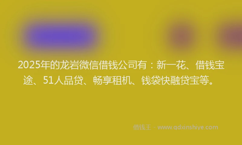2025年的龙岩微信借钱公司有：新一花、借钱宝途、51人品贷、畅享租机、钱袋快融贷宝等。