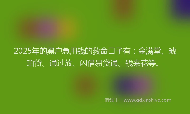 2025年的黑户急用钱的救命口子有：金满堂、琥珀贷、通过放、闪借易贷通、钱来花等。