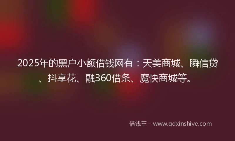 2025年的黑户小额借钱网有：天美商城、瞬信贷、抖享花、融360借条、魔快商城等。