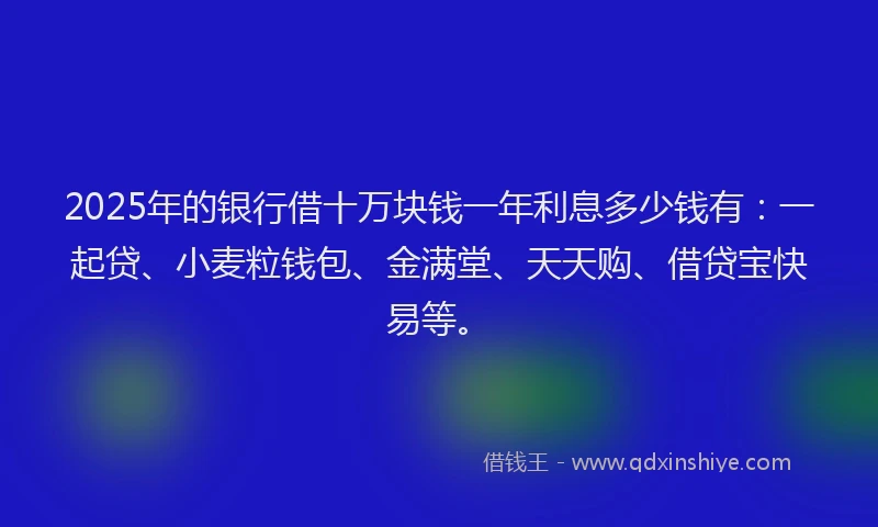2025年的银行借十万块钱一年利息多少钱有：一起贷、小麦粒钱包、金满堂、天天购、借贷宝快易等。