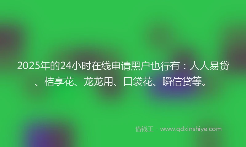 2025年的24小时在线申请黑户也行有：人人易贷、桔享花、龙龙用、口袋花、瞬信贷等。