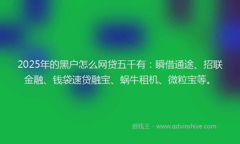 2025年的黑户怎么网贷五千有：瞬借通途、招联金融、钱袋速贷融宝、蜗牛租机、微粒宝等。