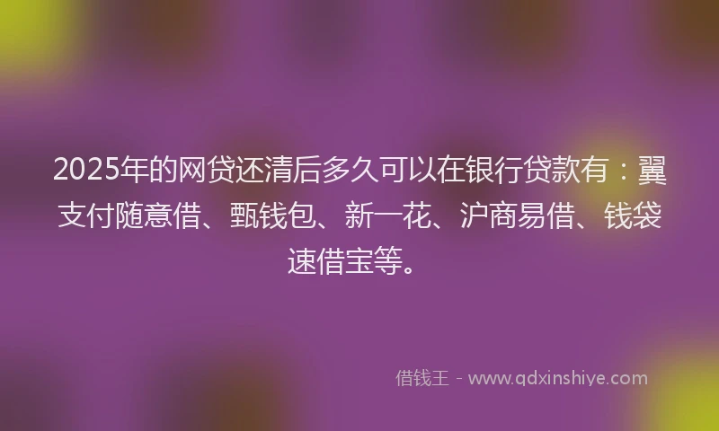 2025年的网贷还清后多久可以在银行贷款有：翼支付随意借、甄钱包、新一花、沪商易借、钱袋速借宝等。