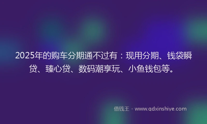2025年的购车分期通不过有：现用分期、钱袋瞬贷、臻心贷、数码潮享玩、小鱼钱包等。