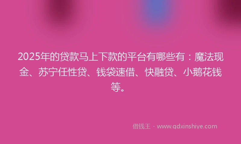 2025年的贷款马上下款的平台有哪些有：魔法现金、苏宁任性贷、钱袋速借、快融贷、小鹅花钱等。
