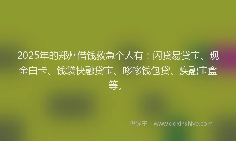 2025年的郑州借钱救急个人有：闪贷易贷宝、现金白卡、钱袋快融贷宝、哆哆钱包贷、疾融宝盒等。