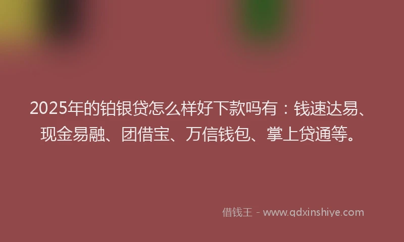 2025年的铂银贷怎么样好下款吗有：钱速达易、现金易融、团借宝、万信钱包、掌上贷通等。