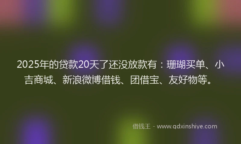 2025年的贷款20天了还没放款有：珊瑚买单、小吉商城、新浪微博借钱、团借宝、友好物等。